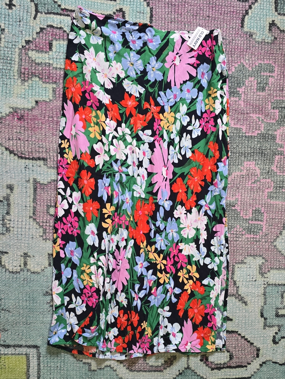 Old Navy Black Floral Maxi Skirt with Pink, Red, Blue & Green Bloom